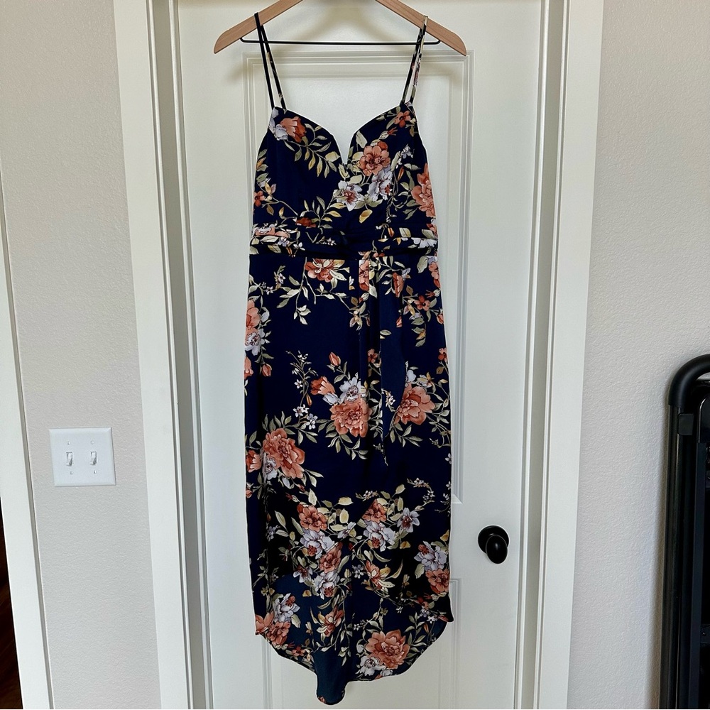 Lulu’s Navy Blue Floral Tulip Skirt Midi Dress